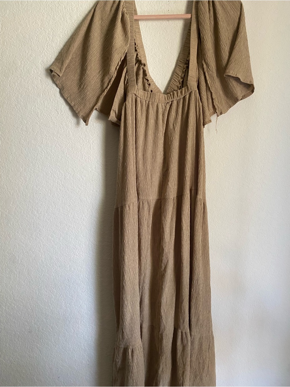 Sunnow Boho Crinkled Deep V Open Back Plissé Boho Smocked Maxi Dress Beige XL - Picture 13 of 16